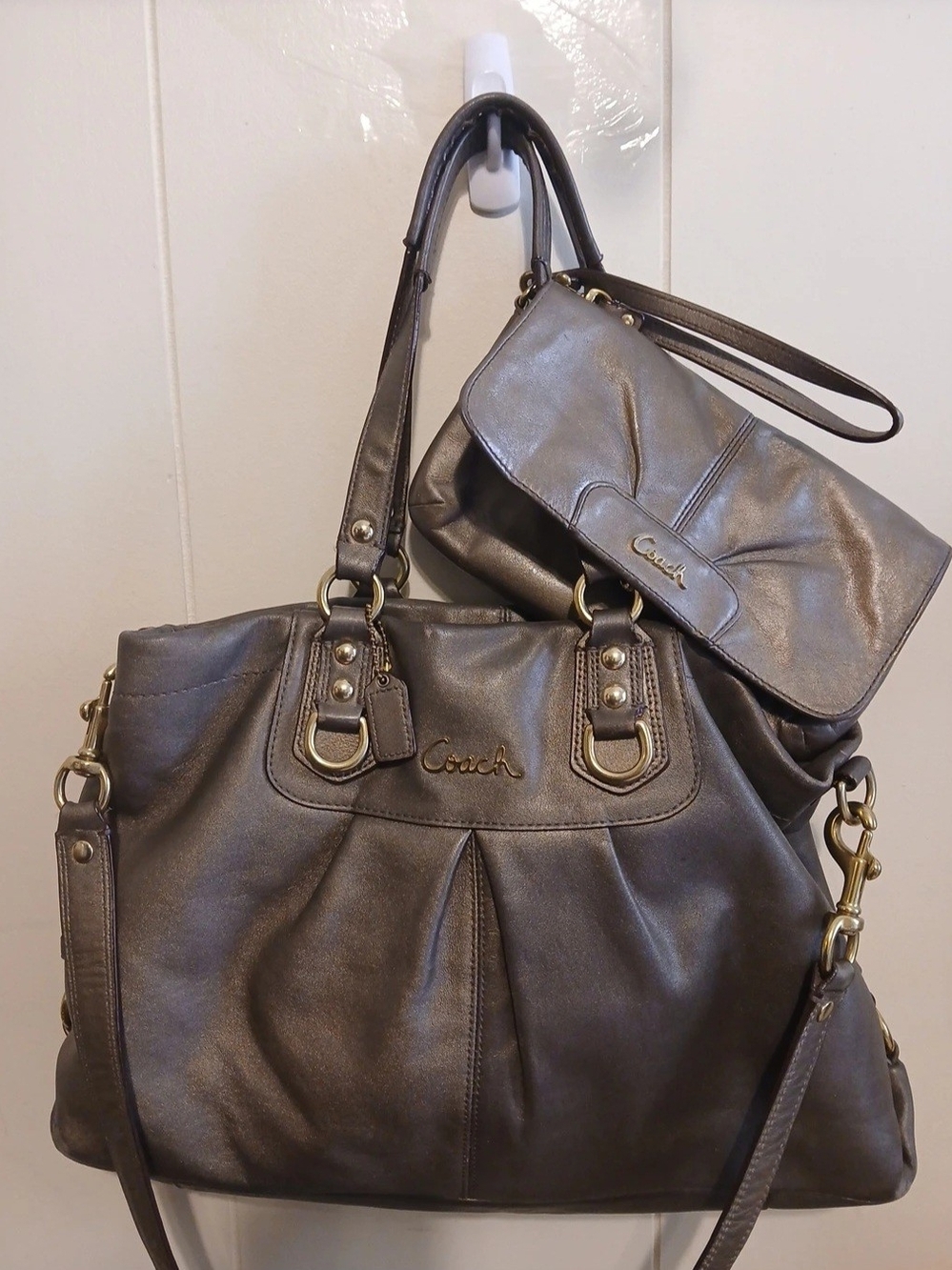 Coach Metallic Brown Shoulder Tote with Matching Wristlet
